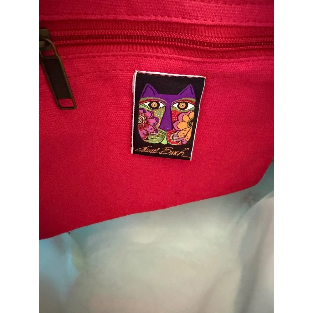 Laurel Burch Cat in Teacup Canvas Tote Bag Turquoise Red Mirror Straps Folk Art